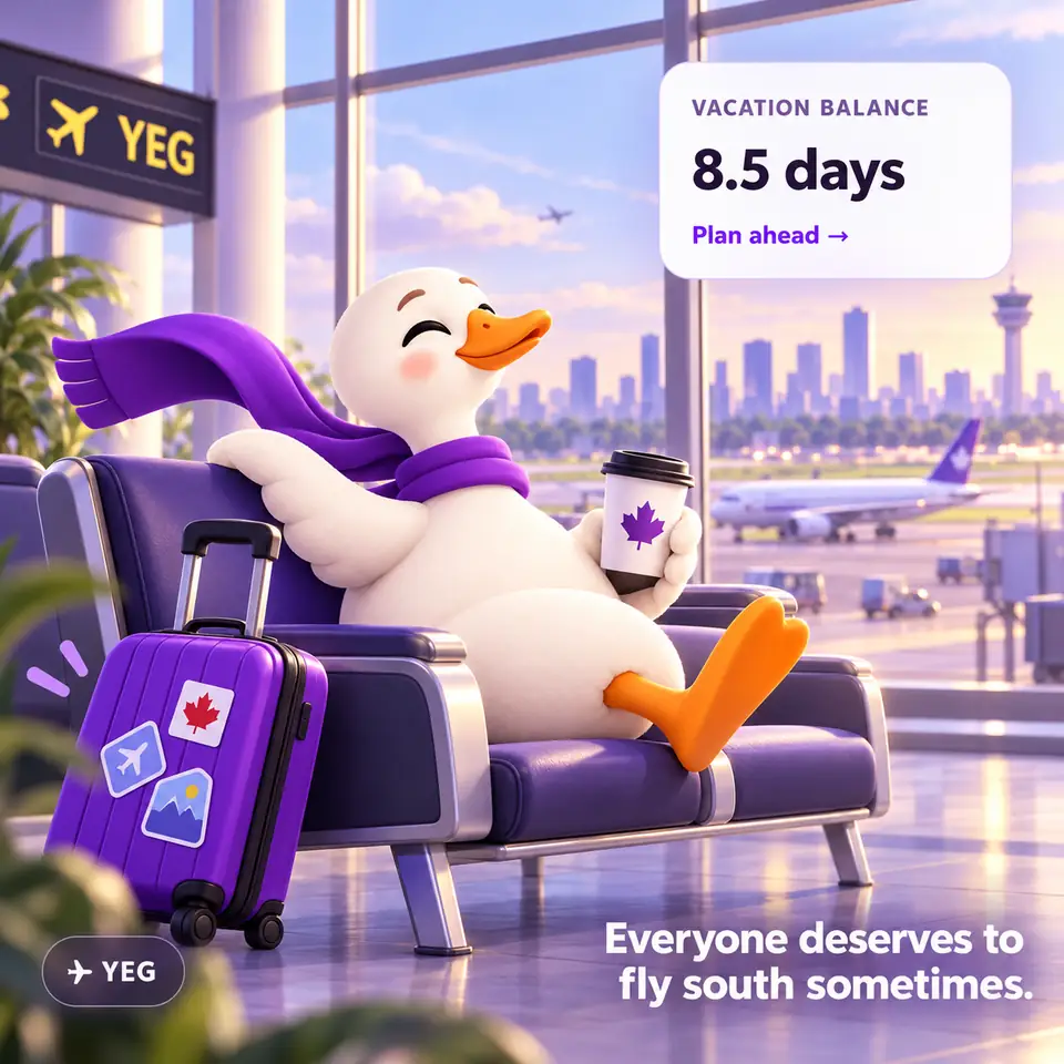The GooseLeave white goose relaxes at the airport with a purple suitcase, planning a vacation.