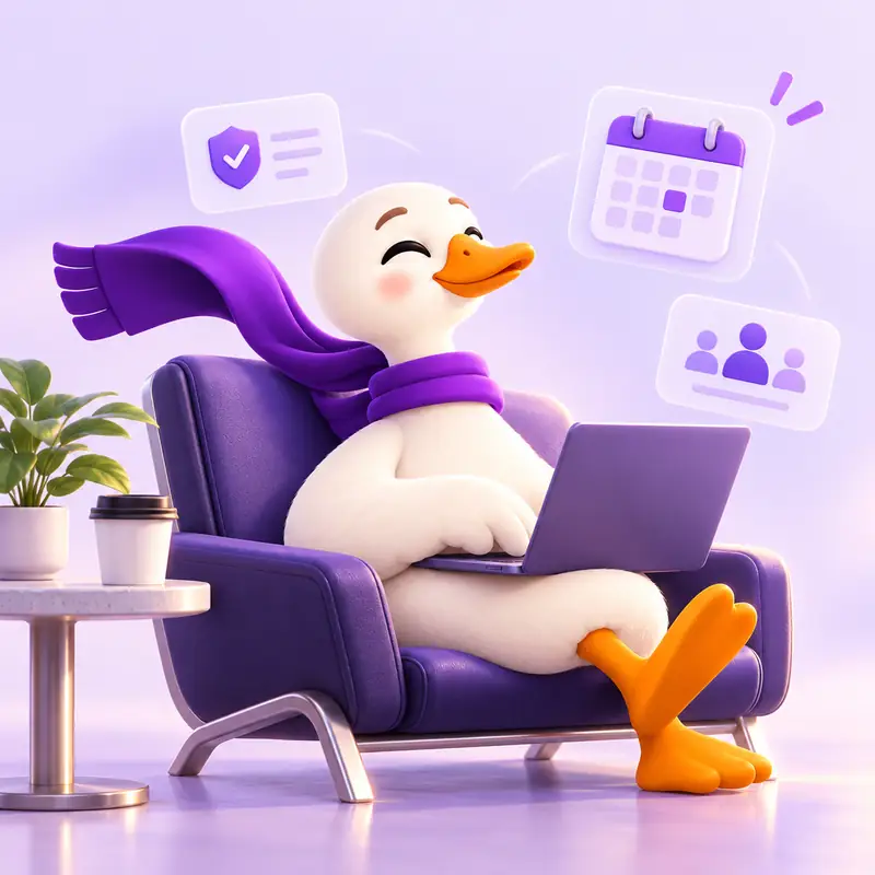 GooseLeave white goose manages workplace leave on a laptop.