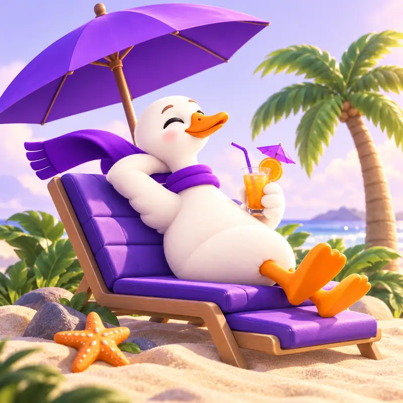 GooseLeave white goose recharges on a beach beneath a purple umbrella.