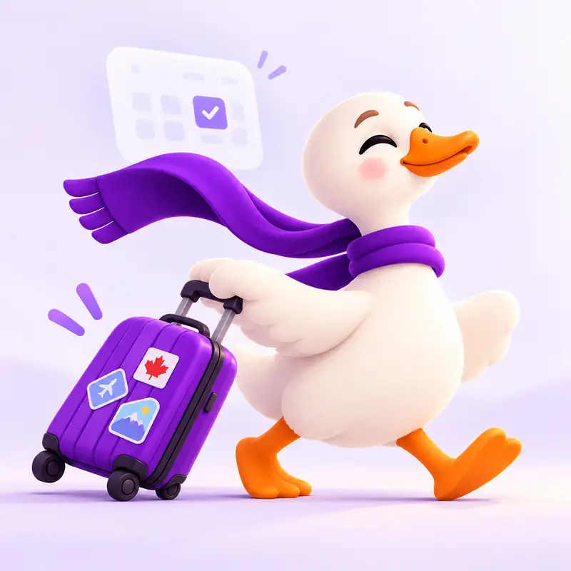 GooseLeave white goose requests time off and rolls a purple suitcase.
